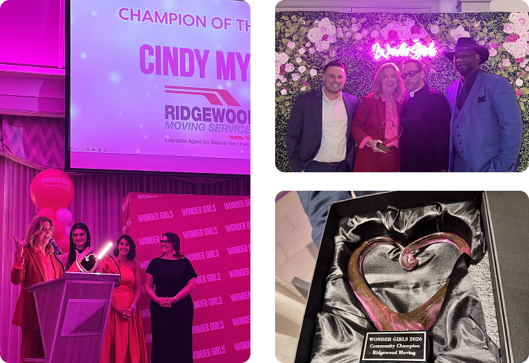 Projection screen at awards showing 'CINDY MY' and Ridgewood Moving Services logo on screen.