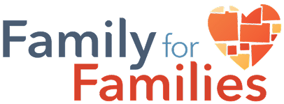 Logo for 'Family for Families' with a blue 'Family for' wordmark and red 'Families' wordmark beside a segmented orange heart