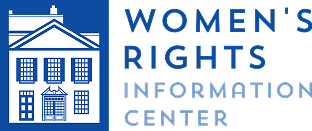 Logo for Women's Rights Information Center: white building icon in a blue square with blue text beside it.