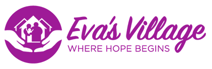 Logo for Eva's Village: purple circular emblem with a stylized roof and family, paired with the text 'Eva's Village' and the slogan 'Where Hope Begins'.