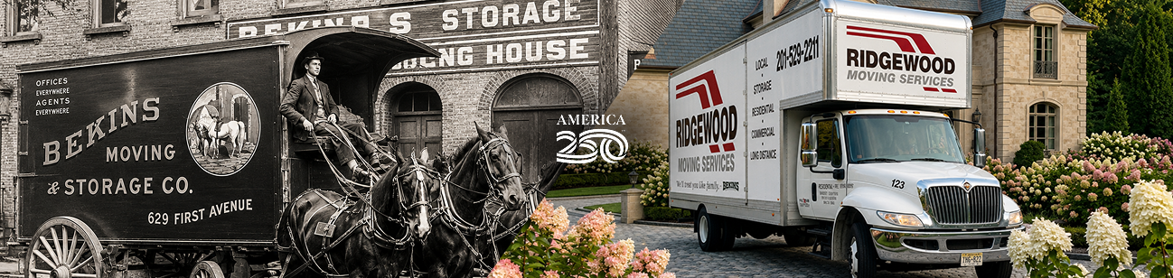 A vintage horse-drawn moving wagon beside a modern Ridgewood Moving Services truck in a garden setting.