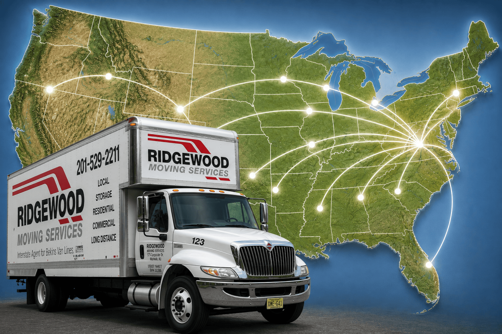 Ridgewood Moving Services truck in front of a map of the United States with glowing network lines connecting cities across the country (informational graphic about nationwide logistics).
