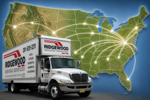 Ridgewood Moving Services truck in front of a map of the United States with glowing network lines connecting cities across the country (informational graphic about nationwide logistics).