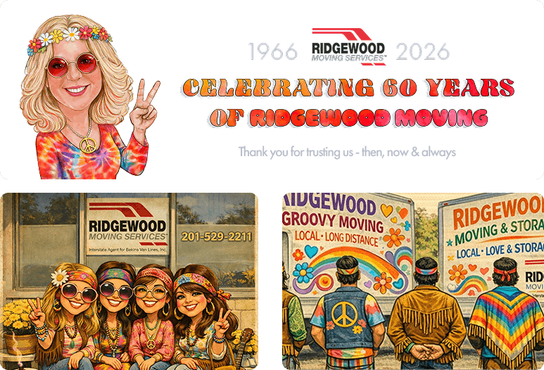 Cartoon woman with flower crown and peace sign beside a Ridgewood Moving 60th anniversary banner (1966–2026).