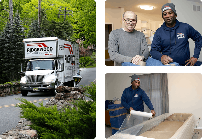 Collage: a Ridgewood Moving Services truck on a tree-lined residential road, with two movers posing indoors in the other panels, and a mover wrapping a mattress in a bedroom.