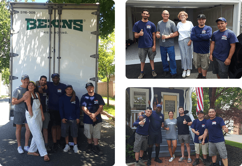Group of movers and customers posing by a Bekins moving truck outside.