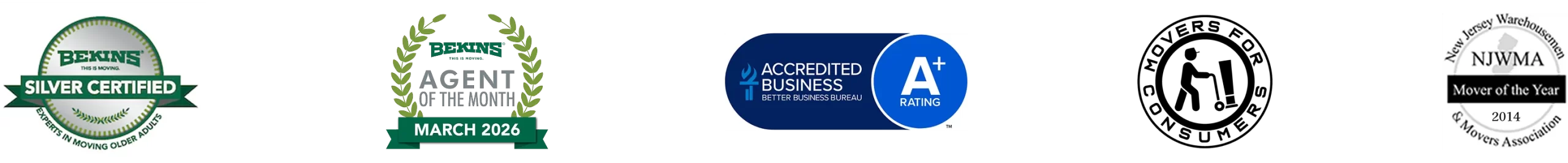 Collage of four service badges: Bekins Silver Certified, Agent of the Month March 2026, BBB Accredited A+ Rating, and NJWMA Mover of the Year 2014